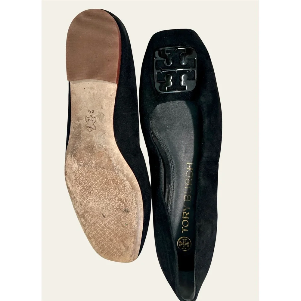 Tory Burch Suede Square Toe Flats Women 9M Black Good Patent Logo‎ Ballet Shoes